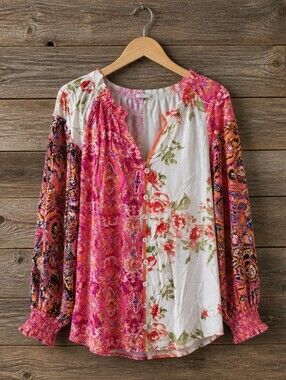 Floral Pink Patchwork V-Neck Blouse